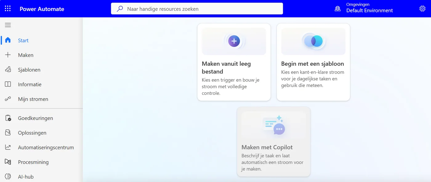 Het startscherm van Power Automate met links het menu