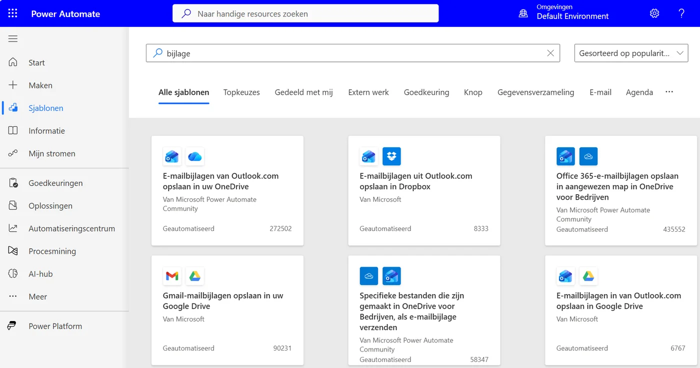 De pagina Sjablonen met zoekresultaten voor bijlage