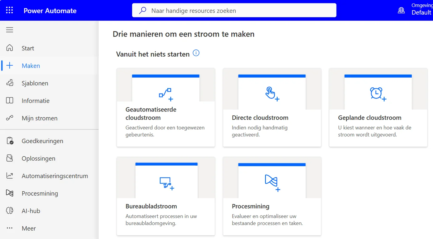 Het scherm Maken met de optie Geautomatiseerde cloudstroom