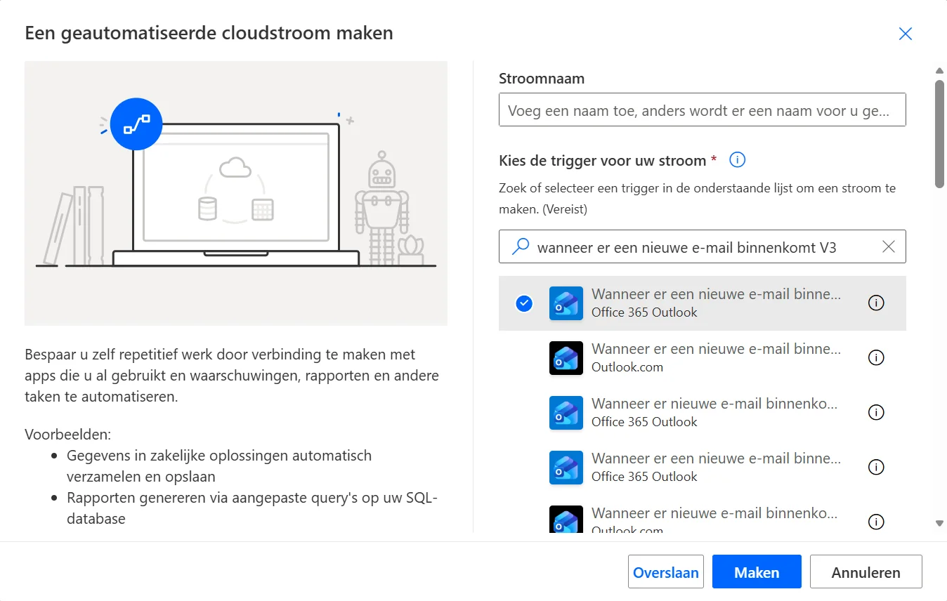 Het venster om een geautomatiseerde cloudstroom te maken, met de trigger voor een nieuwe e-mail van Office 365 Outlook geselecteerd