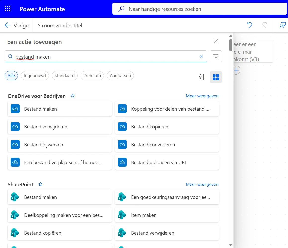 Het zoekvenster om een actie toe te voegen, met Bestand maken van OneDrive voor Bedrijven bovenaan
