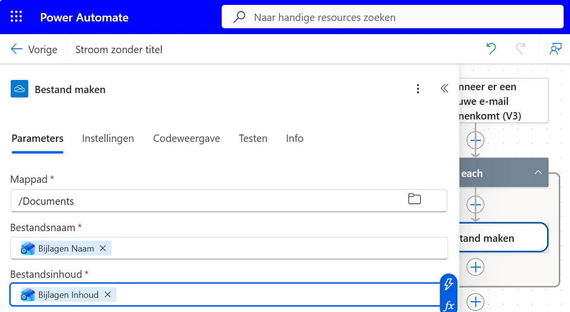 De actie Bestand maken met een mappad, Bijlagen Naam als bestandsnaam en Bijlagen Inhoud als bestandsinhoud