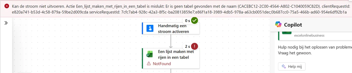 De mislukte run met een rode foutmelding bovenaan en bij de stap Een lijst maken met rijen in een tabel een rood uitroepteken met NotFound