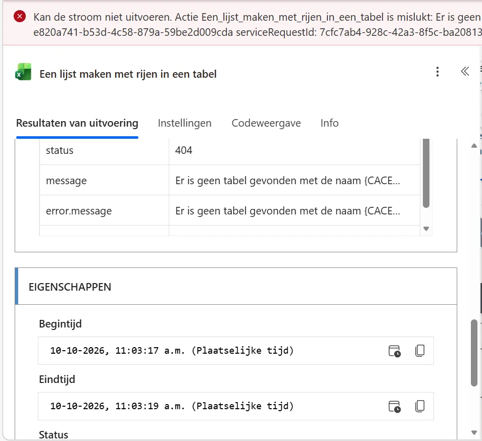 De opengeklapte mislukte stap met status 404 en de melding dat er geen tabel is gevonden